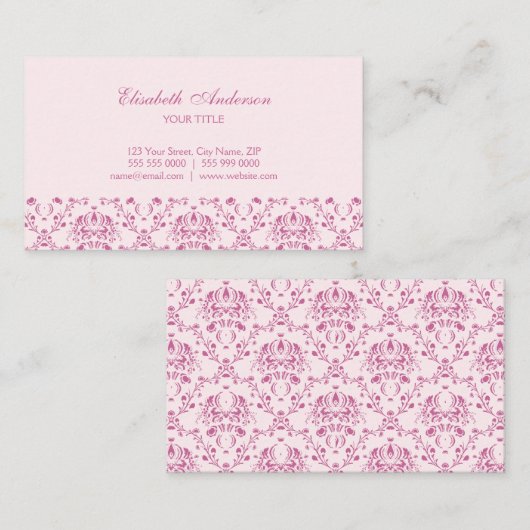 かわいらしいピンクのダマスク織の名刺 名刺 (正面/裏面)