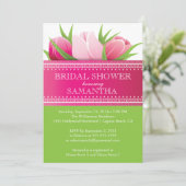 かわいらしいピンクのチューリップの春のブライダルシャワー 招待状 (スタンド正面)
