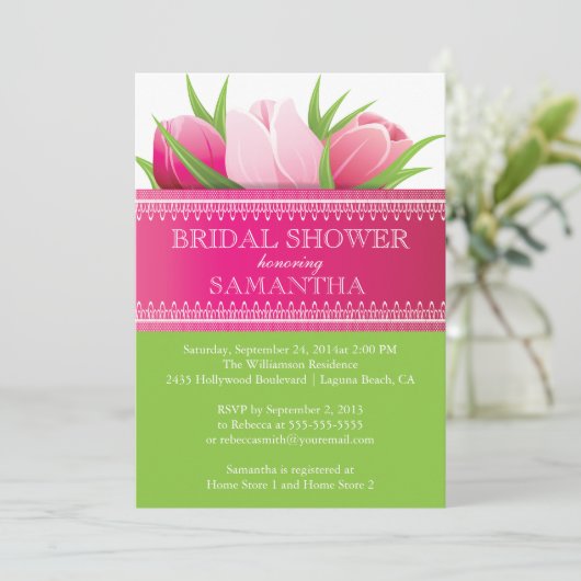 かわいらしいピンクのチューリップの春のブライダルシャワー 招待状 (スタンド正面)