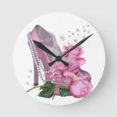かわいらしいピンクのハイヒールは上がりました ラウンド壁時計 (正面)
