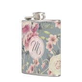 かわいらしいピンクのバラおよび真珠のハートのモノグラム フラスク (左)