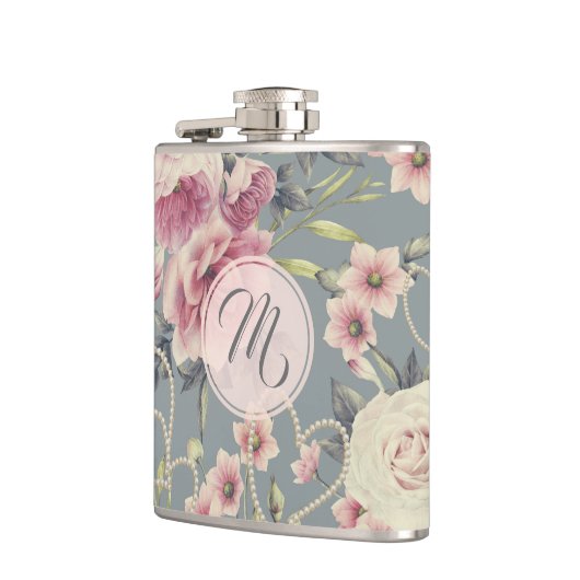 かわいらしいピンクのバラおよび真珠のハートのモノグラム フラスク (左)