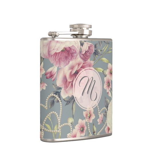 かわいらしいピンクのバラおよび真珠のハートのモノグラム フラスク (右)