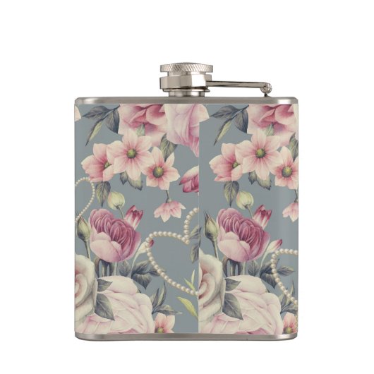 かわいらしいピンクのバラおよび真珠のハートのモノグラム フラスク (裏面)