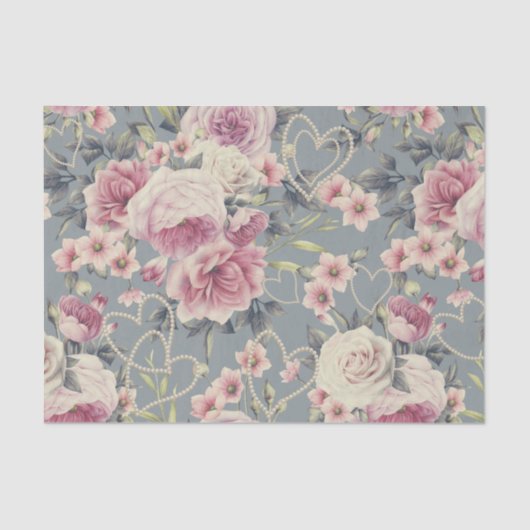 かわいらしいピンクのバラおよび真珠のハート 薄葉紙 (正面)