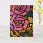 かわいらしいピンクのバラのステンドグラスの挨拶のメッセージカード カード (黄色い花)