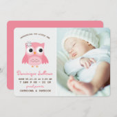 かわいらしいピンクのフクロウの写真の誕生の発表 案内状 (正面/裏面)