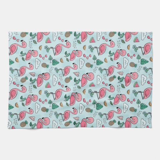 かわいらしいピンクのフラミンゴの台所 キッチンタオル (横)