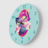 かわいらしいピンクのフラミンゴの熱帯ハイビスカスの花 ラージ壁時計 (傾斜)