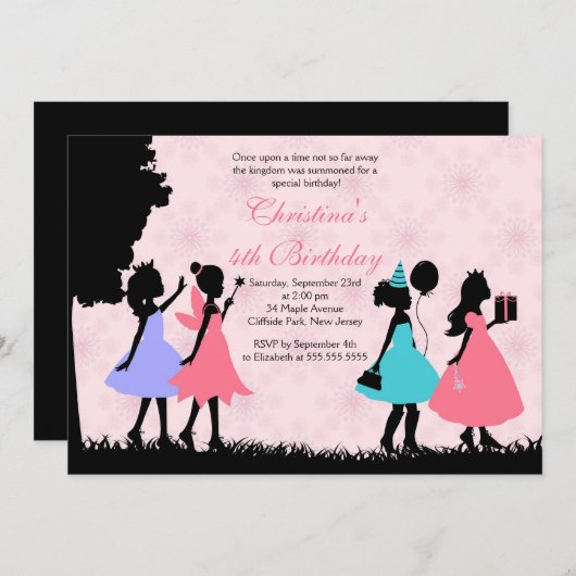 かわいらしいピンクのプリンセスの妖精の誕生会 招待状 (正面/裏面)