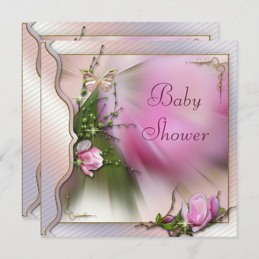 かわいらしいピンクのマグノリアの蝶輝きのベビーシャワー 招待状 (正面/裏面)