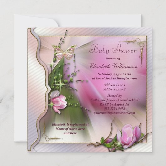 かわいらしいピンクのマグノリアの蝶輝きのベビーシャワー 招待状 (裏面)