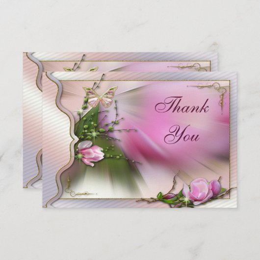 かわいらしいピンクのマグノリアの蝶輝きは感謝していしています サンキューカード (正面/裏面)