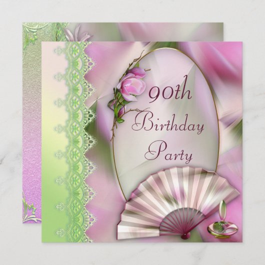 かわいらしいピンクのマグノリア及びファンの第90誕生日 招待状 (正面/裏面)
