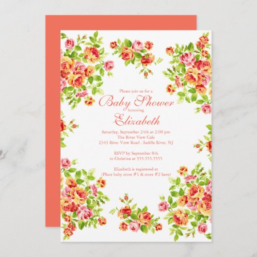 かわいらしいピンクのモモばら色の花のBabyShower 招待状 (正面/裏面)