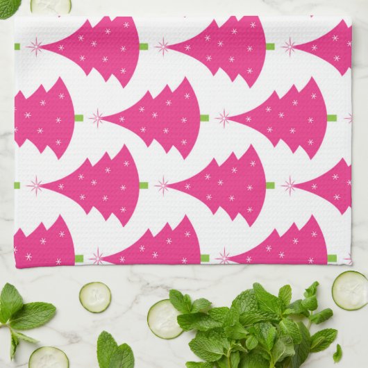 かわいらしいピンクのレトロのクリスマスツリーパターン キッチンタオル (折り畳み)