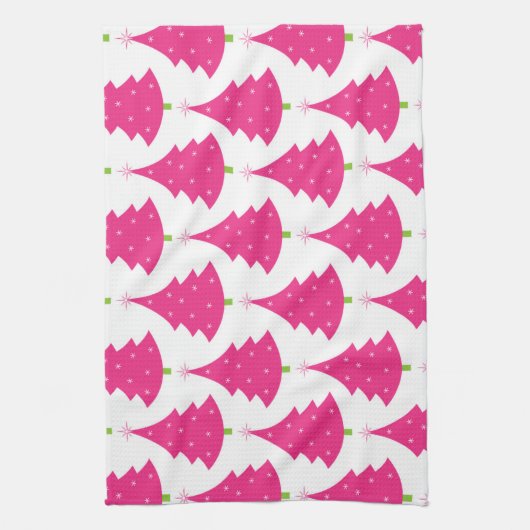 かわいらしいピンクのレトロのクリスマスツリーパターン キッチンタオル (縦)