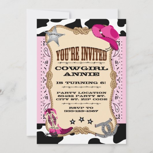 かわいらしいピンクの女性のカーボーイのバースデーパーティ招待状 招待状 (正面)