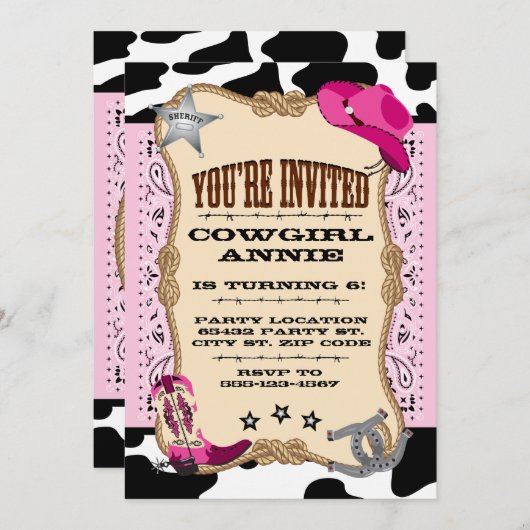 かわいらしいピンクの女性のカーボーイのバースデーパーティ招待状 招待状 (正面/裏面)