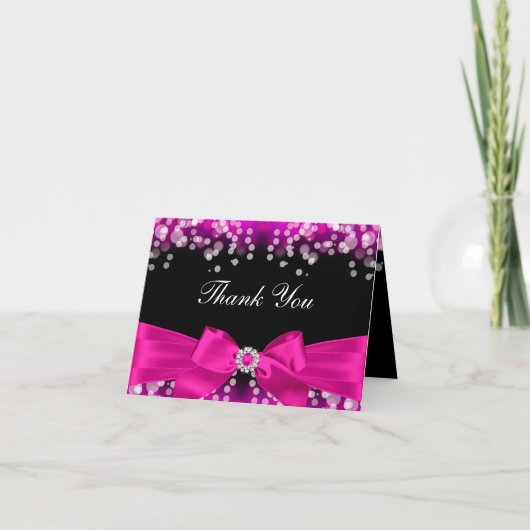 かわいらしいピンクの弓及び輝きのサンキューカード サンキューカード (正面)