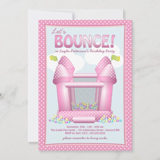 かわいらしいピンクの弾力がある家の誕生日のパーティの招待状 招待状 (正面)