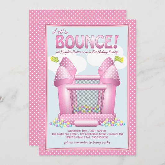 かわいらしいピンクの弾力がある家の誕生日のパーティの招待状 招待状 (正面/裏面)