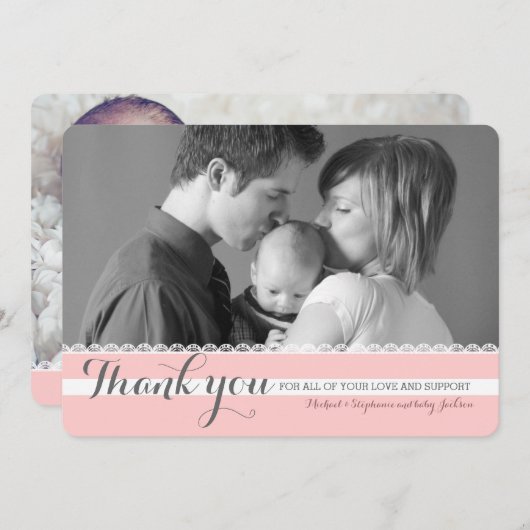かわいらしいピンクの新生児は写真カード感謝していしています サンキューカード (正面/裏面)