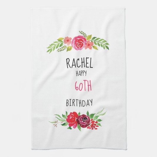 かわいらしいピンクの水彩画のばら色のハッピーバースデーの文字- キッチンタオル (縦)