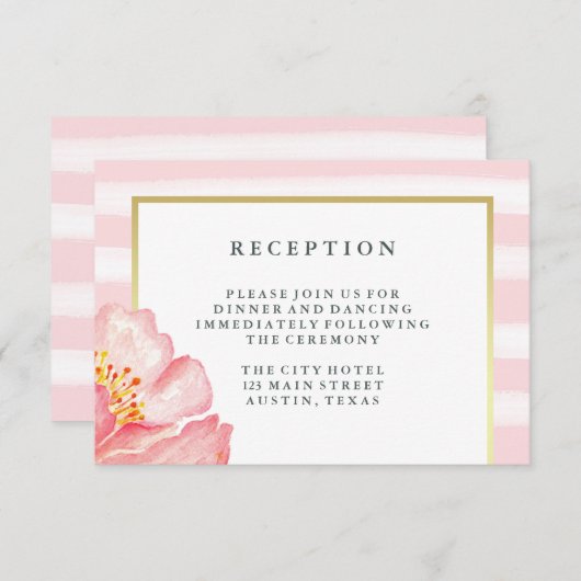かわいらしいピンクの水彩画のシャクヤクおよびストライプな披露宴 エンクロージャーカード (正面/裏面)