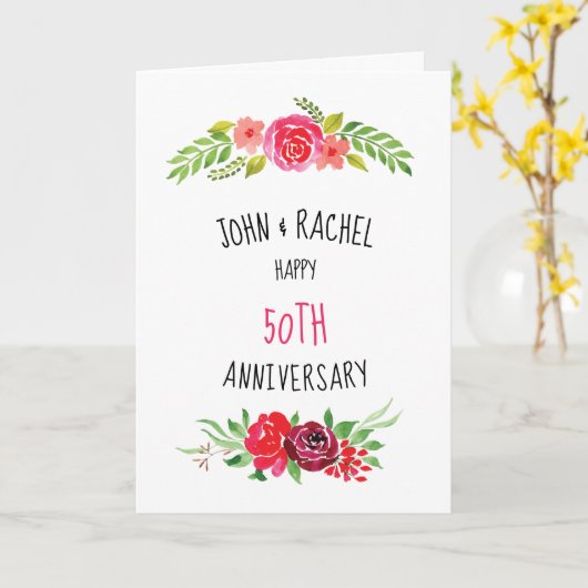 かわいらしいピンクの水彩画のバラ幸せな記念日の文字 カード (黄色い花)