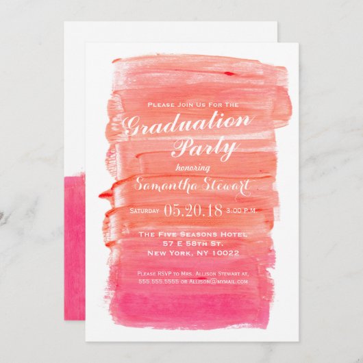 かわいらしいピンクの水彩画の卒業のパーティの招待状 招待状 (正面/裏面)