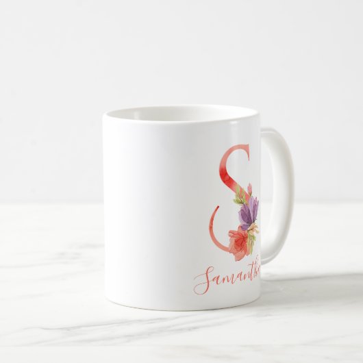 かわいらしいピンクの水彩画の手紙"S " コーヒーマグカップ (正面右)