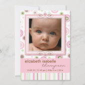 かわいらしいピンクの水玉模様及びストライプなベビーの発表 案内状 (正面)