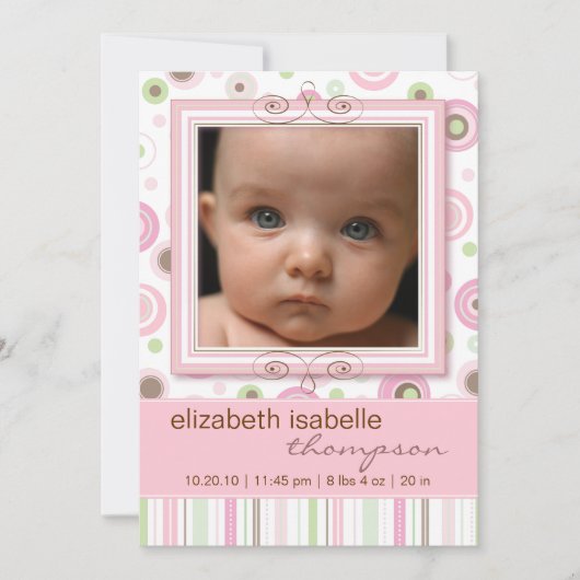 かわいらしいピンクの水玉模様及びストライプなベビーの発表 案内状 (正面)