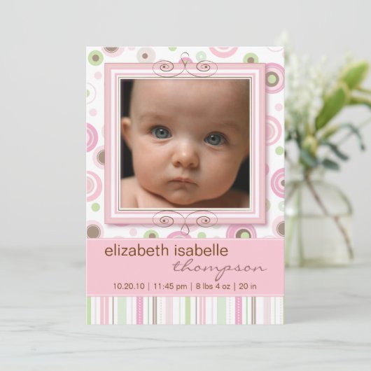 かわいらしいピンクの水玉模様及びストライプなベビーの発表 案内状 (スタンド正面)