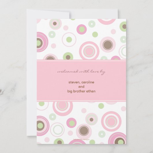 かわいらしいピンクの水玉模様及びストライプなベビーの発表 案内状 (裏面)