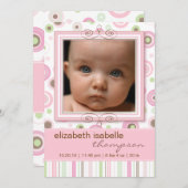 かわいらしいピンクの水玉模様及びストライプなベビーの発表 案内状 (正面/裏面)