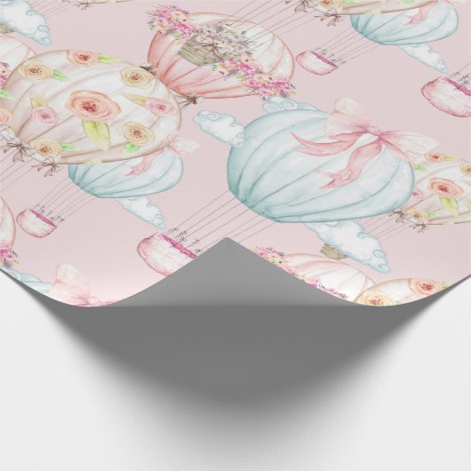かわいらしいピンクの花のシックな熱気の気球 ラッピングペーパー (角)