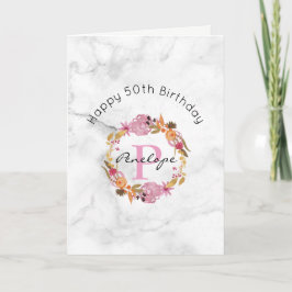 かわいらしいピンクの花のリースのモノグラムの誕生日 カード