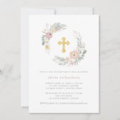 かわいらしいピンクの花のリース|の洗礼 招待状 (正面)
