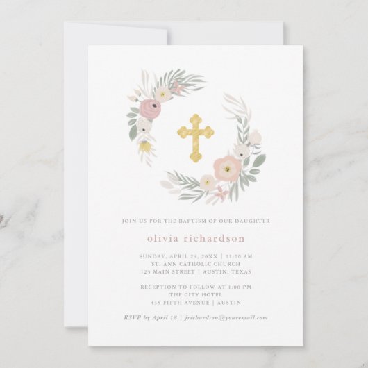 かわいらしいピンクの花のリース|の洗礼 招待状 (正面)