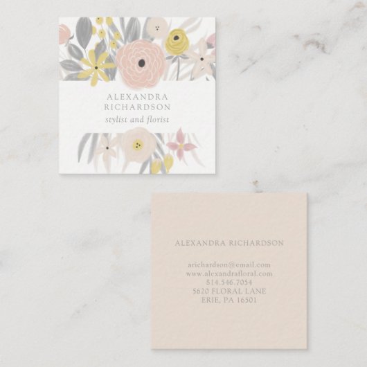 かわいらしいピンクの花フレーム スクエア名刺 (正面/裏面)