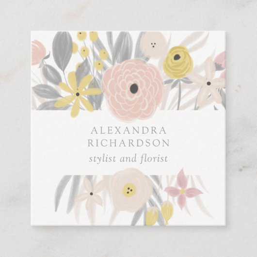 かわいらしいピンクの花フレーム スクエア名刺 (正面)