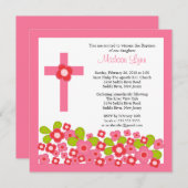 かわいらしいピンクの花及び十字の神聖な洗礼 招待状 (正面/裏面)