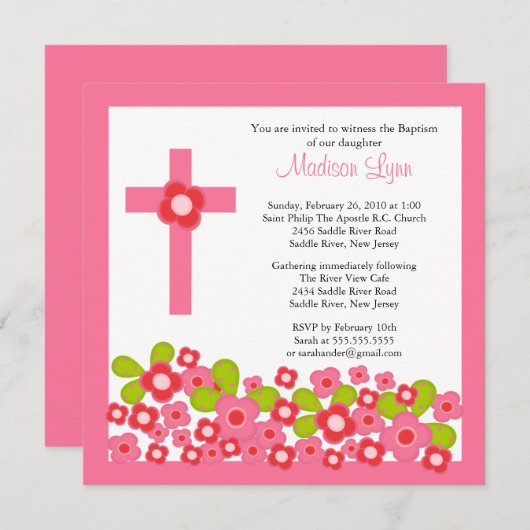かわいらしいピンクの花及び十字の神聖な洗礼 招待状 (正面/裏面)