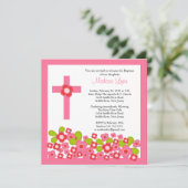 かわいらしいピンクの花及び十字の神聖な洗礼 招待状 (スタンド正面)