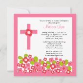 かわいらしいピンクの花及び十字の神聖な洗礼 招待状 (正面)