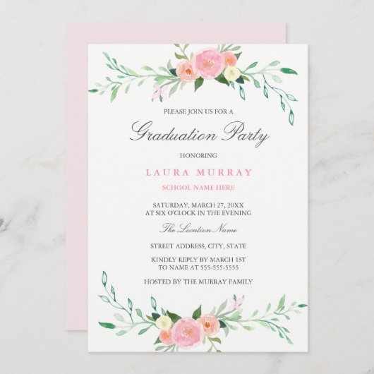 かわいらしいピンクの野生の花の卒業のパーティの招待状 招待状 (正面/裏面)