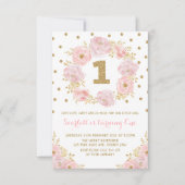 かわいらしいピンクの金ゴールドの花柄の第1最初誕生会 招待状 (正面)