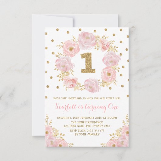 かわいらしいピンクの金ゴールドの花柄の第1最初誕生会 招待状 (正面)